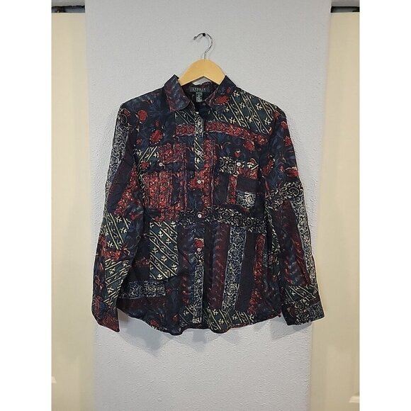 Lauren Ralph Lauren Button Down Shirt Patchwork Printed Large Made In India - Picture 1 of 7